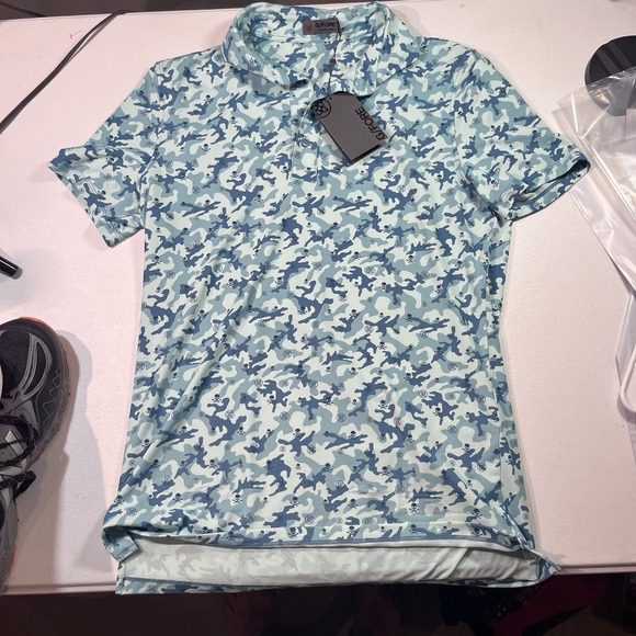 NWT G/Fore Mapped Icon Camo Aura Blue Skulls Mens Small Golf Polo Shirt New - Picture 1 of 6